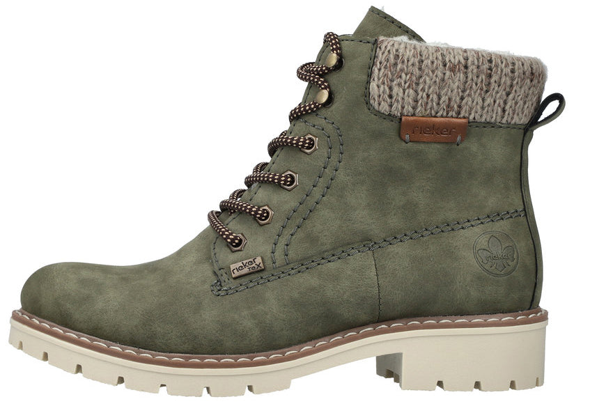 Green ankle boot with beige knit cuff, laced with brown and beige rope.