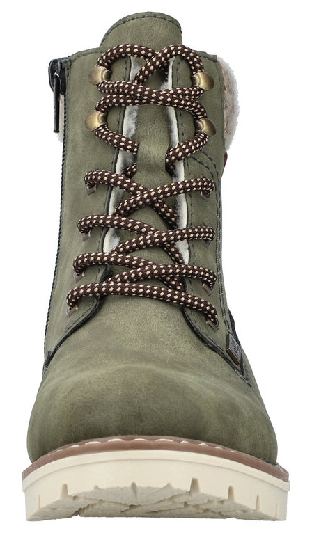 Olive-green laced high-top boot with side zipper and white sole.