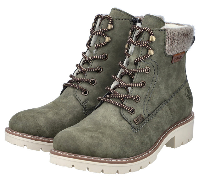 Pair of olive-green ankle-high lace-up boots with brown laces, a knit ankle cuff, white soles, and a small heel.