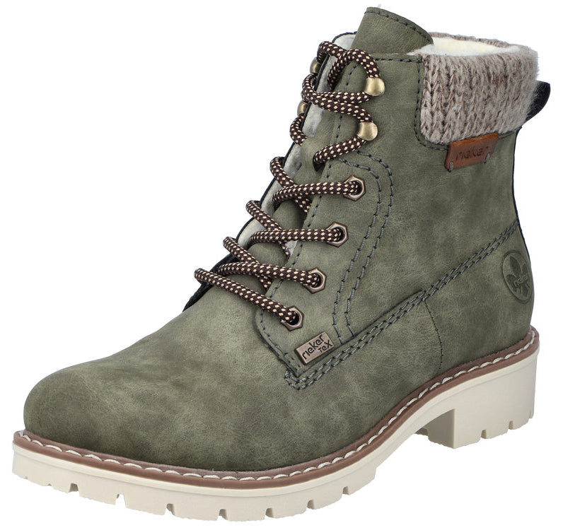 Green lace-up ankle boot with beige knit collar and textured sole.