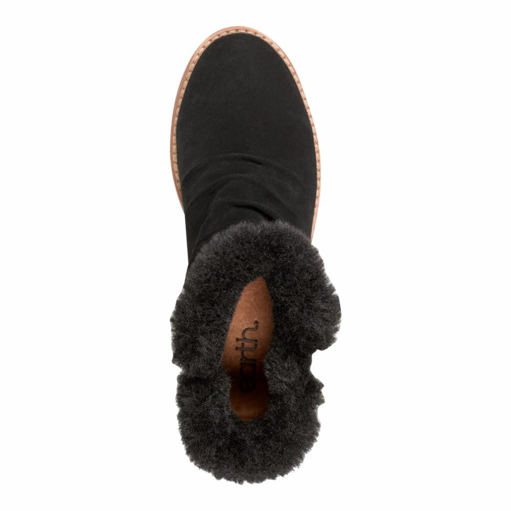 Overhead view of a black suede ankle boot with a faux fur trim.