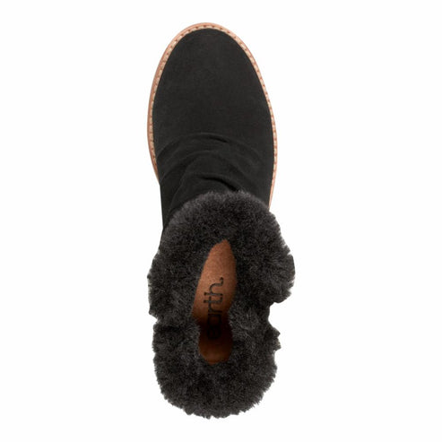 Overhead view of a black suede ankle boot with a faux fur trim.