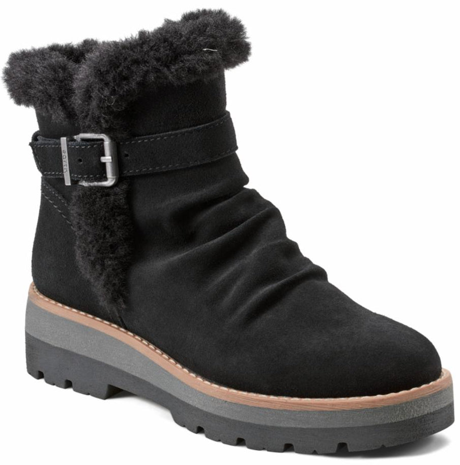Black ankle boot with faux fur trim and buckle strap.