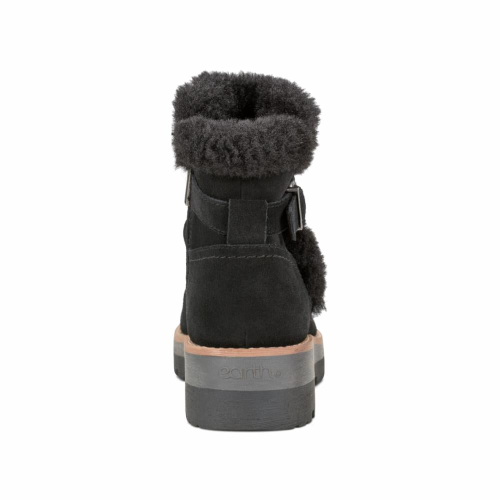 Black ankle boot with fur trim and buckle.
