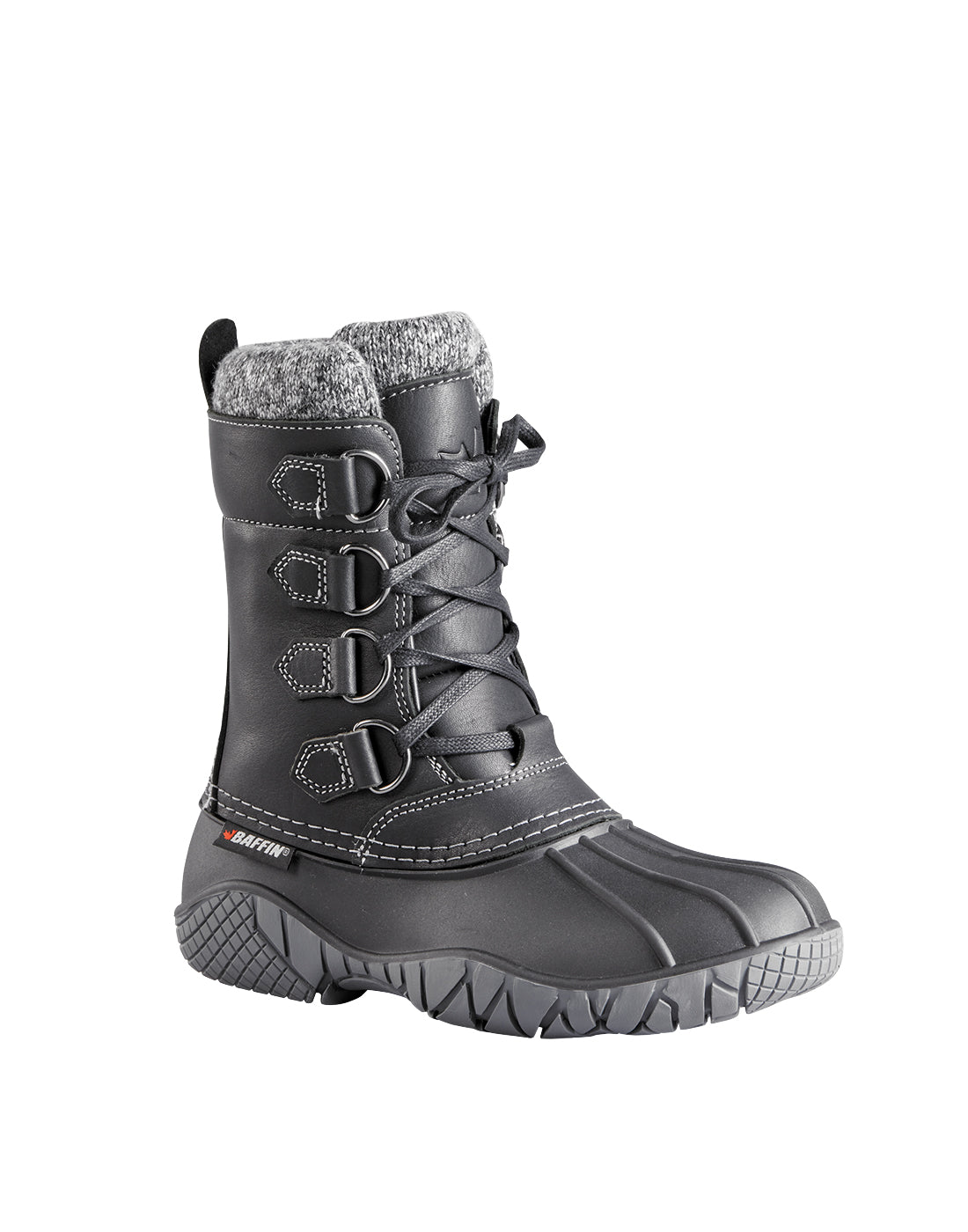 tall, black lace-up winter boot with gray wool collar and gray rubber sole
