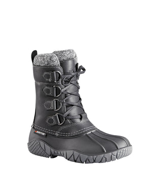 tall, black lace-up winter boot with gray wool collar and gray rubber sole