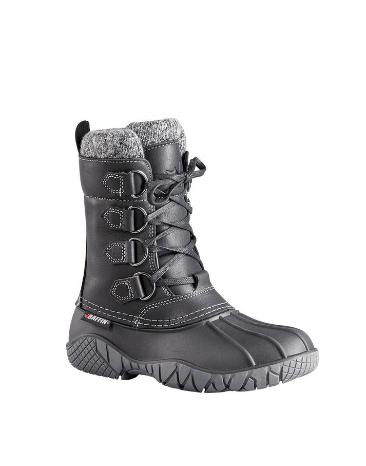tall, black lace-up winter boot with gray wool collar and gray rubber sole