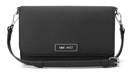 Black rectangular crossbody bag with a flap closure and a silver "NINE WEST" logo plate in the center.