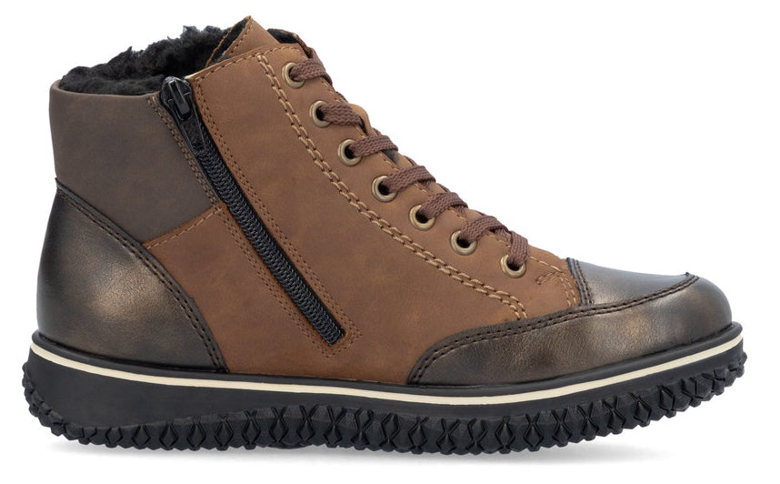 Brown high-top shoe with zipper and laces, featuring a black sole and toe.