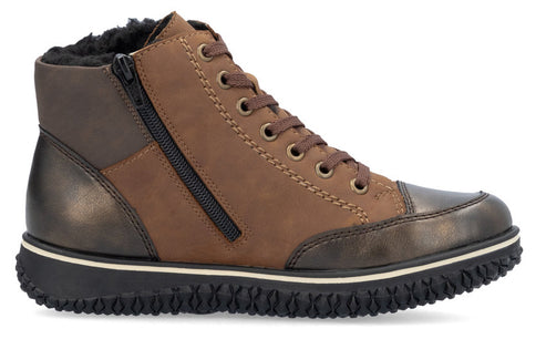 Brown high-top shoe with zipper and laces, featuring a black sole and toe.