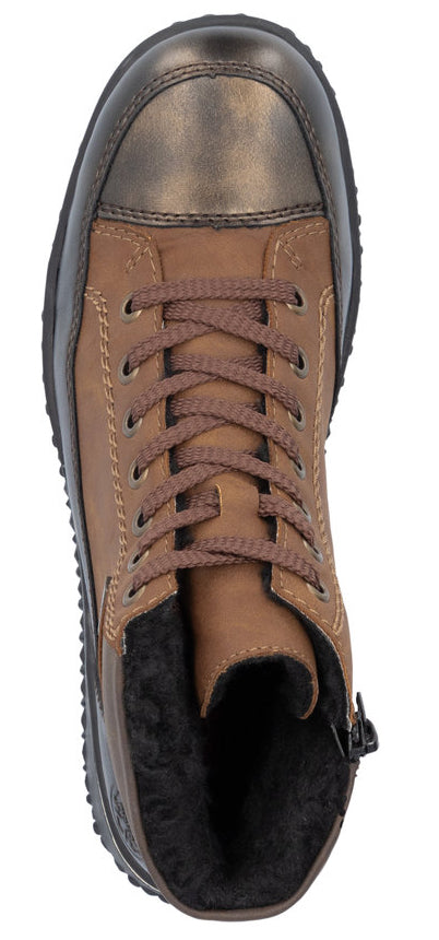 Brown and bronze ankle boot with laces and a side zipper.