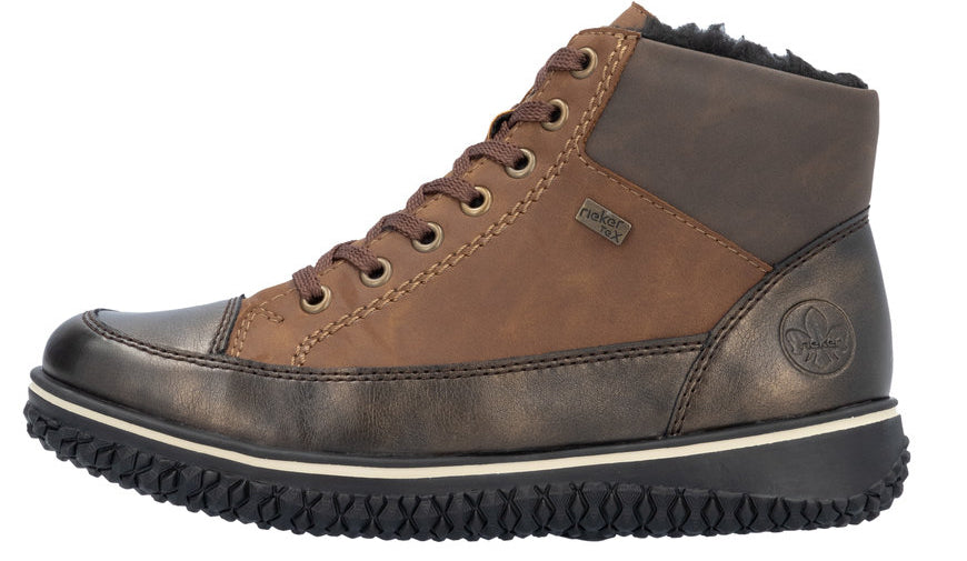 Brown high-top shoe with black sole and faux fur trim.