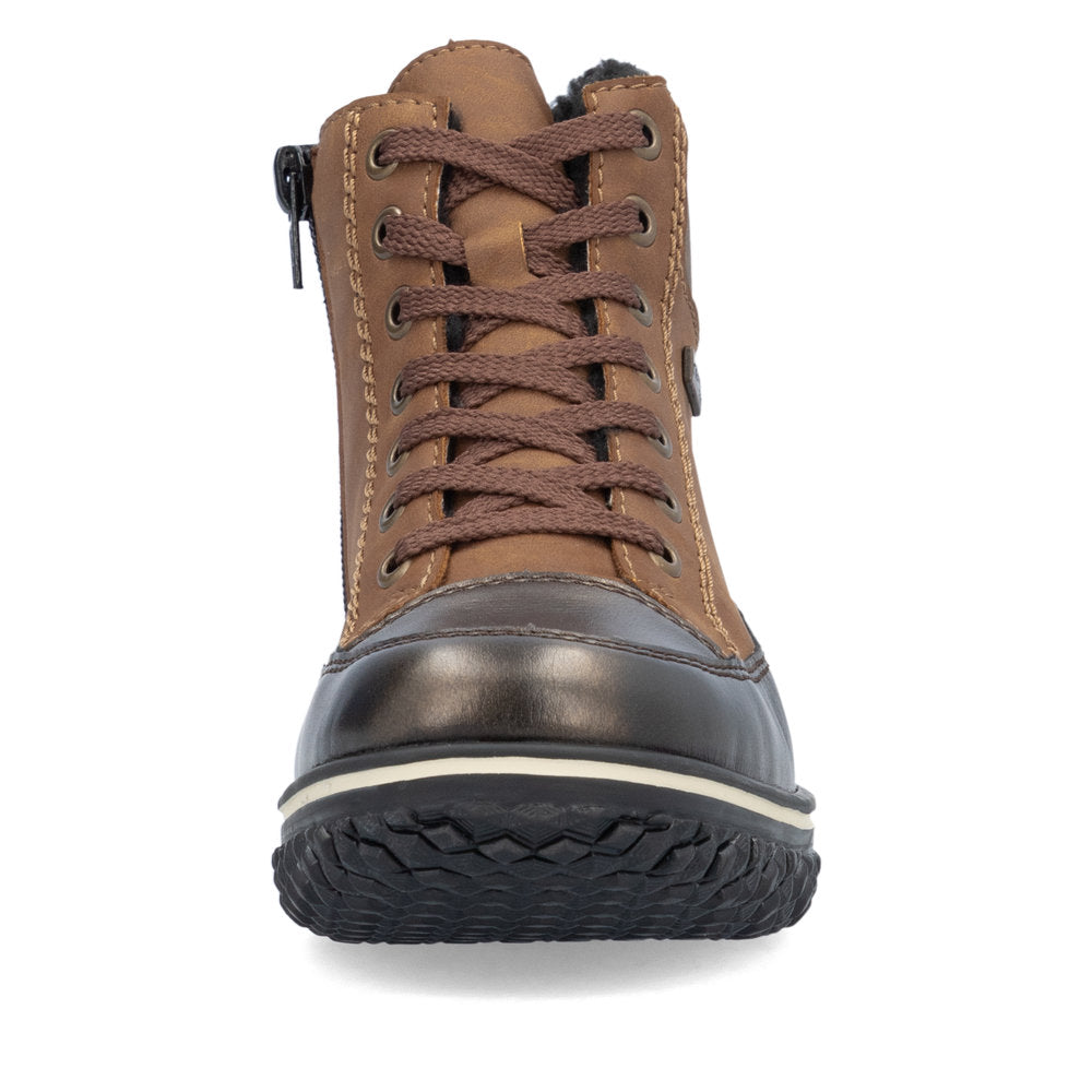 Front view of brown ankle-high boot with laces, side zipper, and black treaded sole.