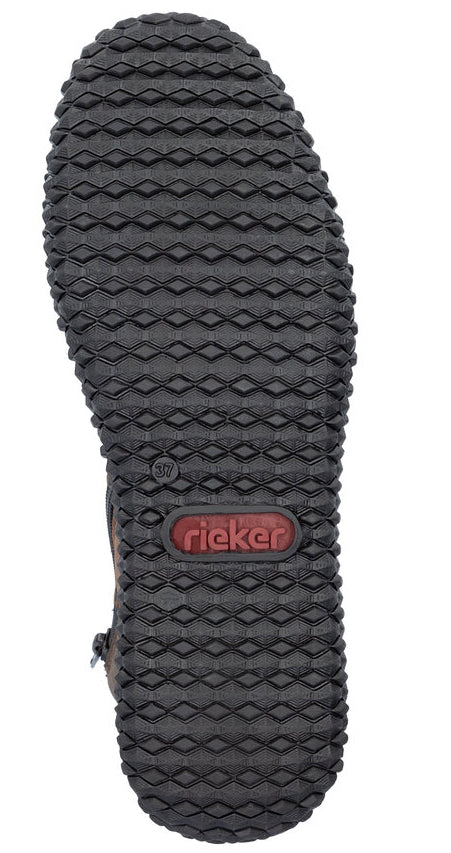 Black shoe sole with a diamond pattern and the word "rieker" in a red oval.