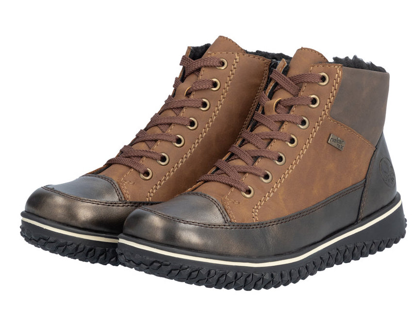 Brown ankle boots with laces and a metallic-looking toe.