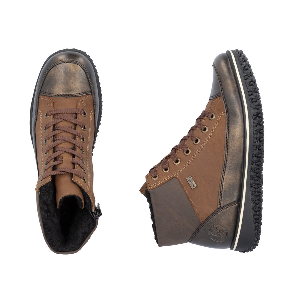 Pair of brown high-top shoes with laces and side zipper, faux fur lining.