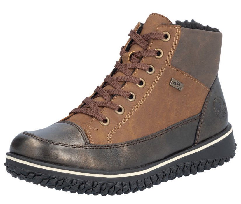 High-top ankle boot with two-tone brown leather, lace-up design, and chunky sole.