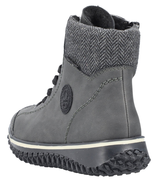 Gray lace-up ankle boot with herringbone patterned collar and treaded sole.