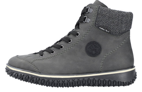 A gray ankle boot with black laces, a herringbone collar, and a black treaded sole.
