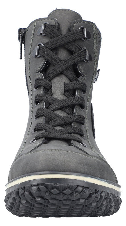 Gray lace-up ankle boot with zipper.