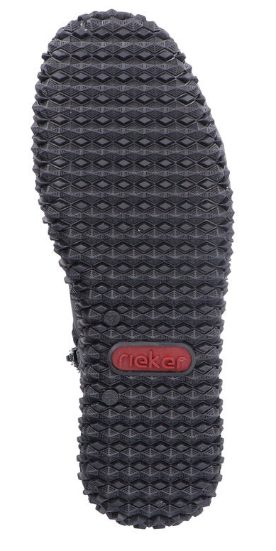 Shoe sole with repeating pyramid texture and a red logo with "rieker" written on it.