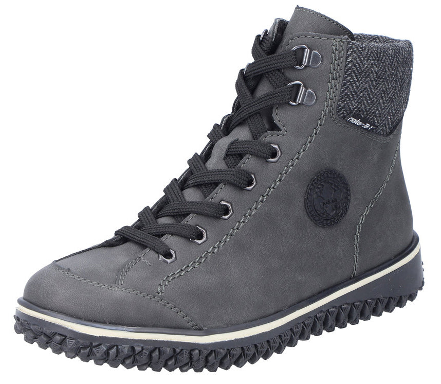Gray high-top boot with black laces, metal eyelets, a round logo, and a herringbone patterned cuff.