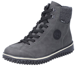 Gray high-top boot with black laces, metal eyelets, a round logo, and a herringbone patterned cuff.