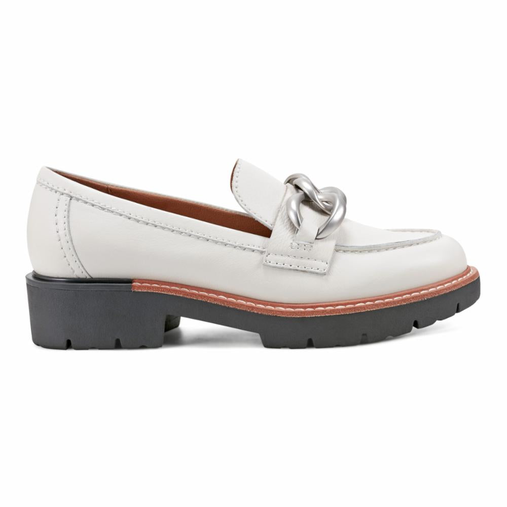 White leather loafer with chain detail and low black block heel