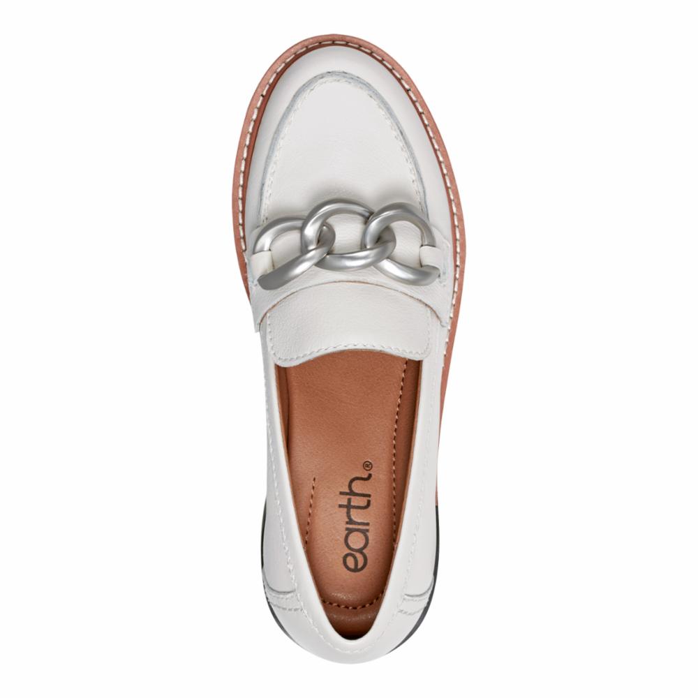White loafer with a silver chain detail.