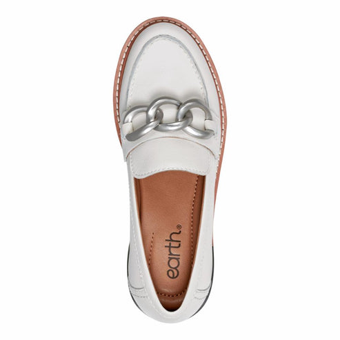 White loafer with a silver chain detail.