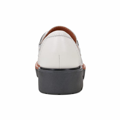 Rear view of a white leather heeled shoe with a black sole.