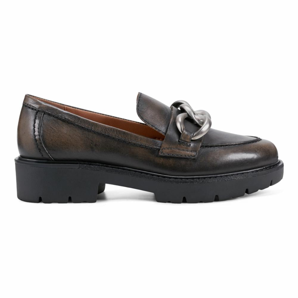 Dark leather loafer with a silver chain accent on a chunky black sole.