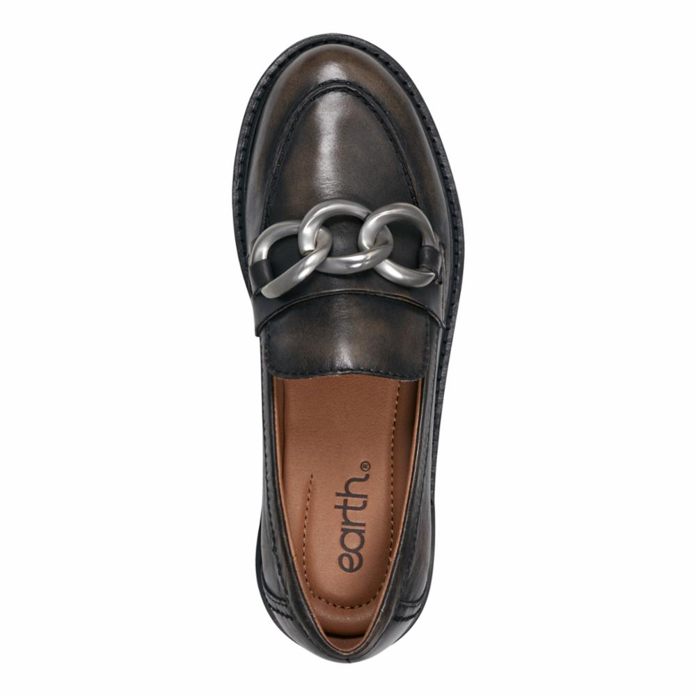 Top-down view of a dark gray leather loafer featuring a chunky silver chain accent.