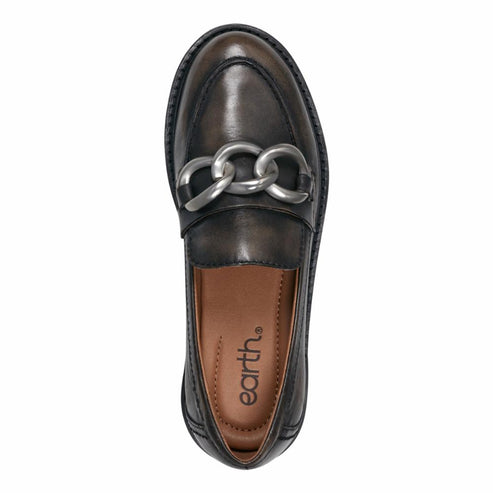 Top-down view of a dark gray leather loafer featuring a chunky silver chain accent.