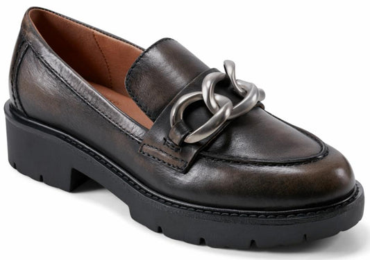 Dark brown leather loafer with a large silver chain detail and a thick black lug sole.