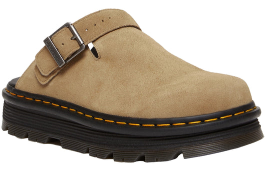Tan suede clog with an adjustable buckle and a thick black lug sole.