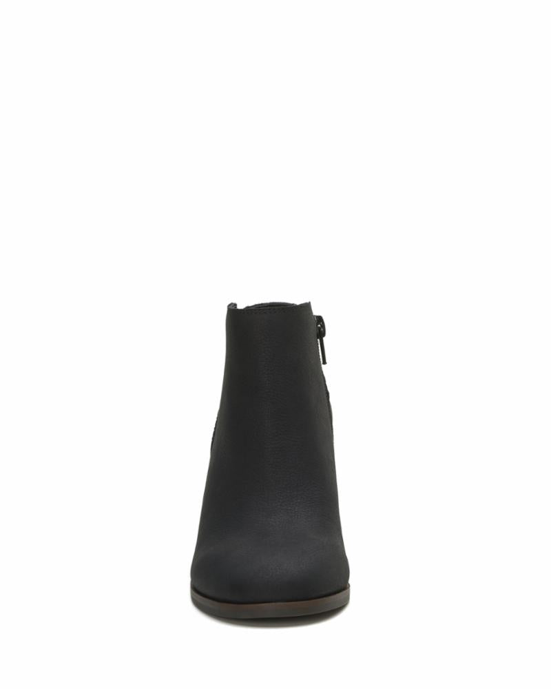 Front view of a black bootie with a block heel and a side zipper.
