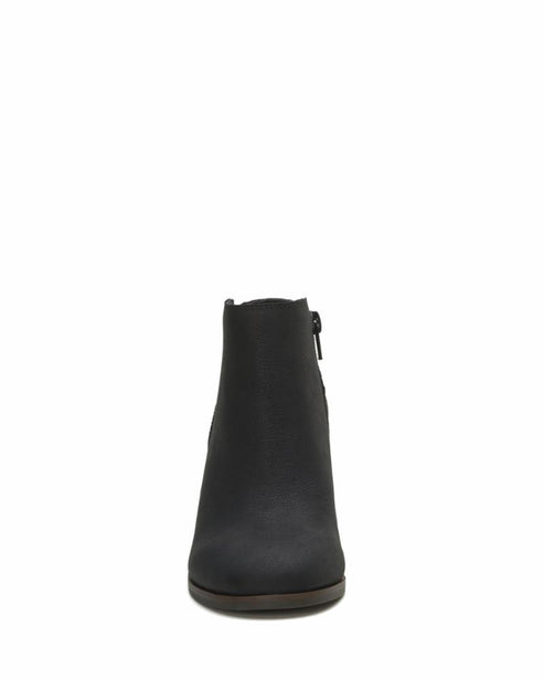 Front view of a black bootie with a block heel and a side zipper.