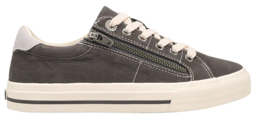 A gray canvas sneaker with a white rubber sole and laces.