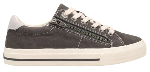 A gray canvas sneaker with a white rubber sole and laces.