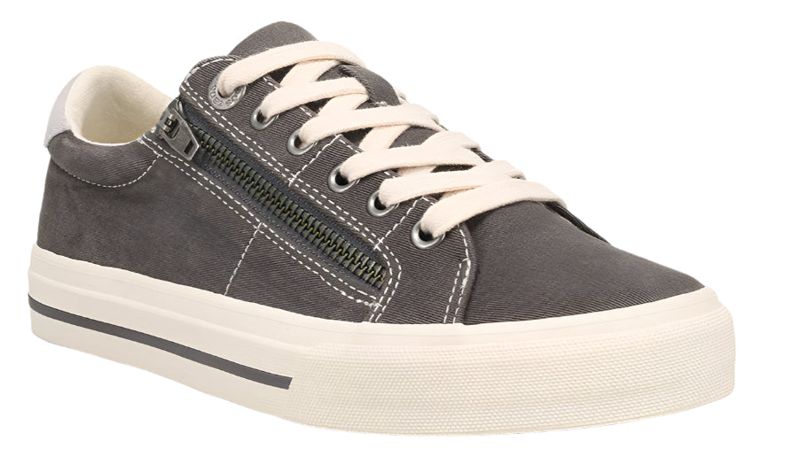 Low-top gray canvas sneaker with a decorative side zipper and white laces.