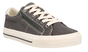 Low-top gray canvas sneaker with a decorative side zipper and white laces.