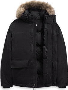 Black down parka with faux fur trim around the hood.