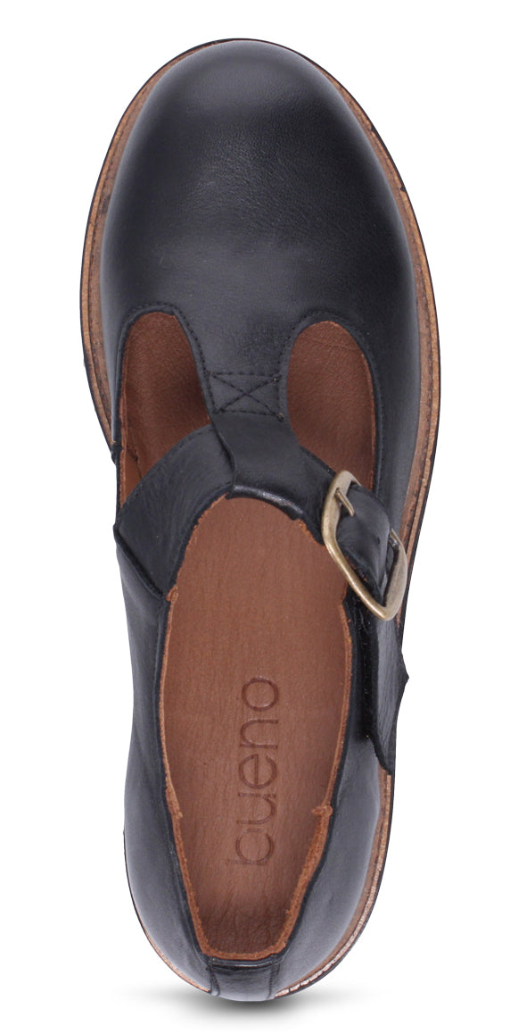 Black T-strap shoe with buckle.