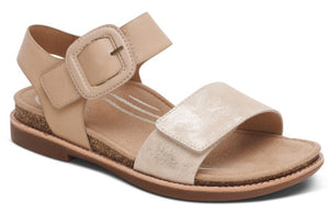 Flat sandal with adjustable buckle ankle strap and wide hook-and-loop strap over the toes