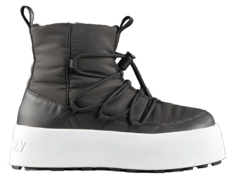 Black, padded ankle boot with white platform sole and bungee cord lacing.