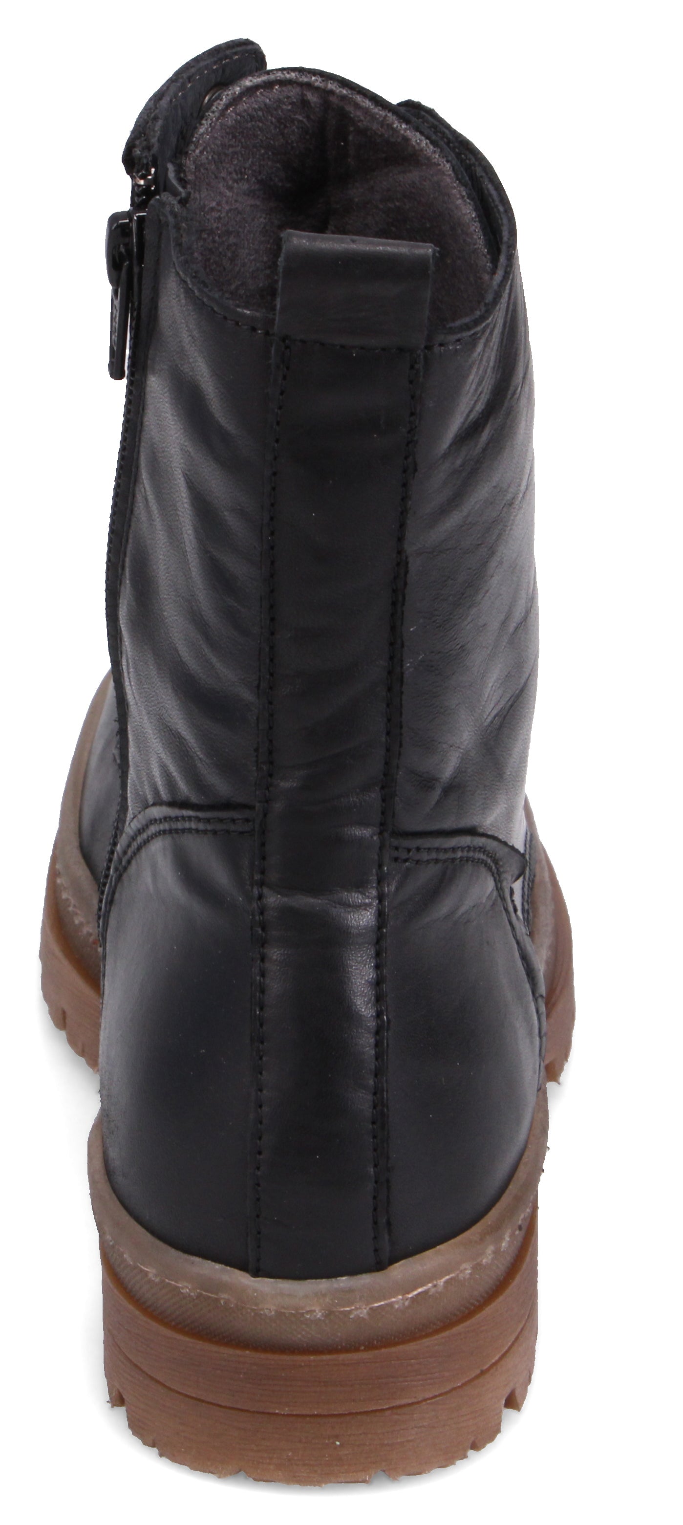 Back view of a black boot with a brown sole.