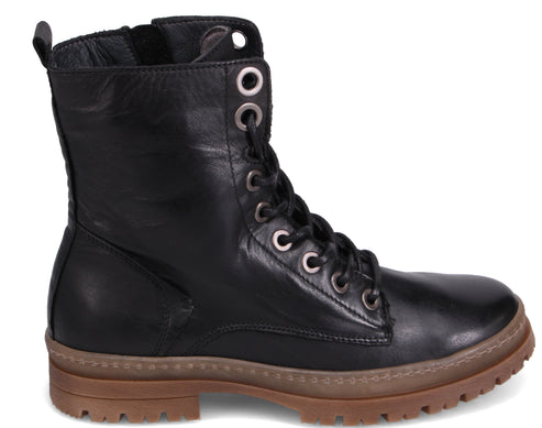 Black leather lace-up combat boot with eyelets and lug sole.