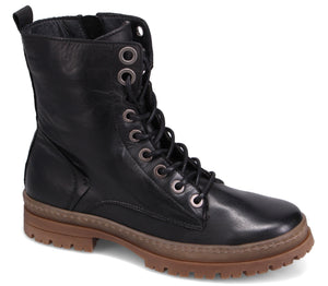 Black leather combat boot with a lace-up front, metallic eyelets, and a lug sole.