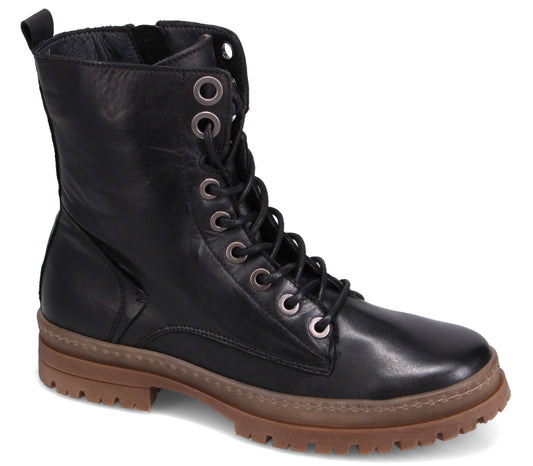 Black leather combat boot with a lace-up front, metallic eyelets, and a lug sole.